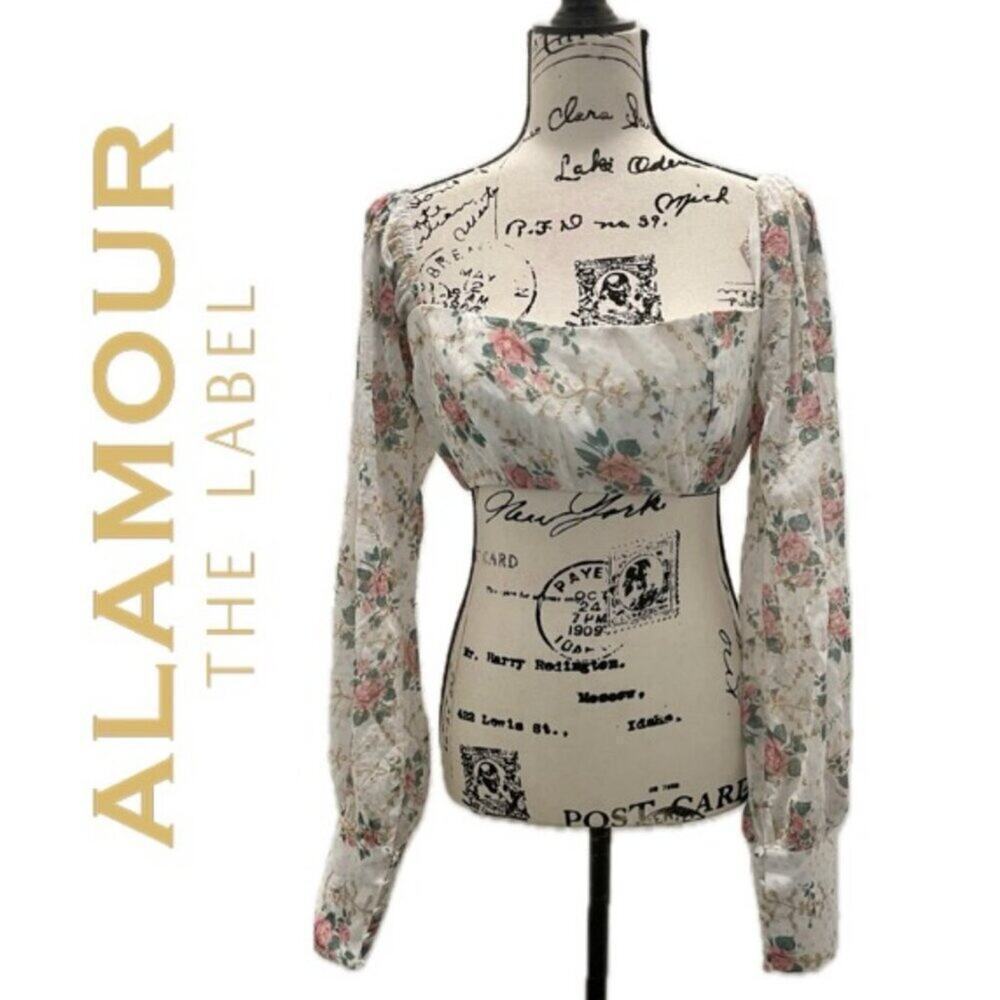 ALAMOUR THE LABEL CROPPED TOP PUFF SLEEVES SMOCKED‎ SZ M AESTHETIC COTTAGECORE